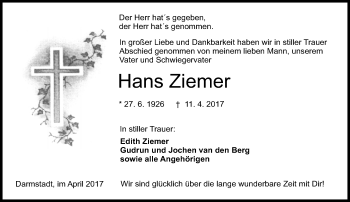 Traueranzeige von Hans Ziemer von Trauerportal Echo Online