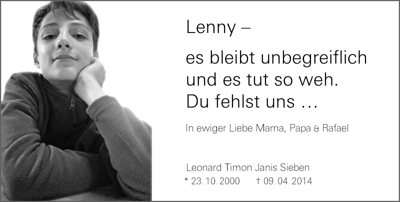  Traueranzeige für Leonard Timon Janis Sieben vom 08.04.2017 aus Trauerportal Rhein Main Presse