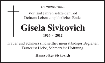 Traueranzeige von Gisela Sivkovich von  Kreisanzeiger