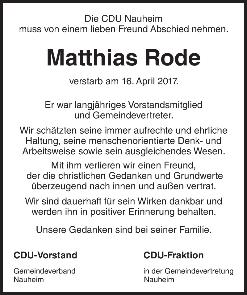  Traueranzeige für Matthias Rode vom 22.04.2017 aus Trauerportal Rhein Main Presse