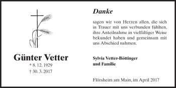 Traueranzeige von Günter Vetter von Trauerportal Rhein Main Presse