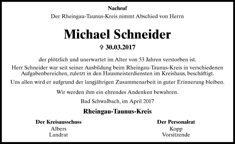  Traueranzeige für Michael Schneider vom 15.04.2017 aus Trauerportal Rhein Main Presse