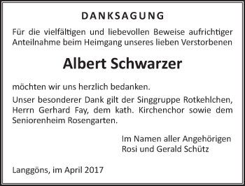 Traueranzeige von Albert Schwarzer von  Gießener Anzeiger