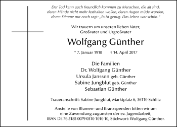 Traueranzeige von Wolfgang Günther von VRM Trauer