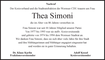 Traueranzeige von Thea Simoni von Trauerportal Rhein Main Presse