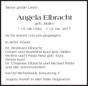 Traueranzeige von Angela Elbracht von Trauerportal Echo Online