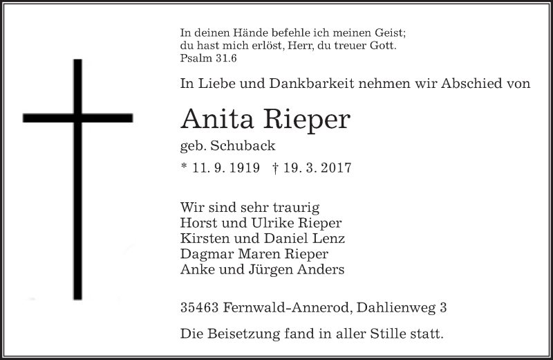  Traueranzeige für Anita Rieper vom 08.04.2017 aus  Gießener Anzeiger