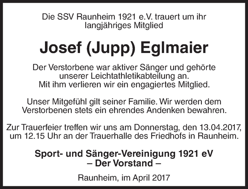  Traueranzeige für Josef  Eglmaier vom 12.04.2017 aus Trauerportal Rhein Main Presse