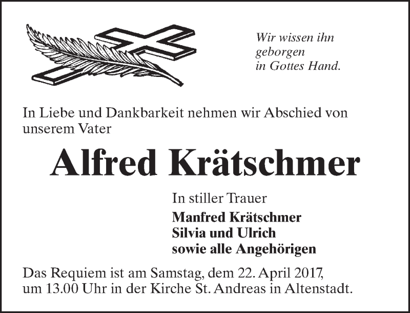  Traueranzeige für Alfred Krätschmer vom 20.04.2017 aus  Kreisanzeiger