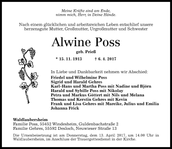 Traueranzeige von Alwine Poss von Trauerportal Rhein Main Presse