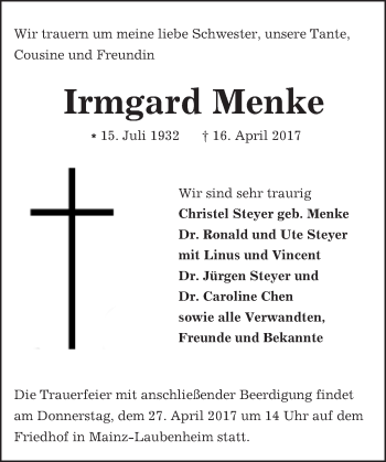 Traueranzeige von Irmgard Menke von Trauerportal Rhein Main Presse