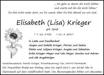 Traueranzeige von Elisabeth Lisa Krieger von Trauerportal Echo Online