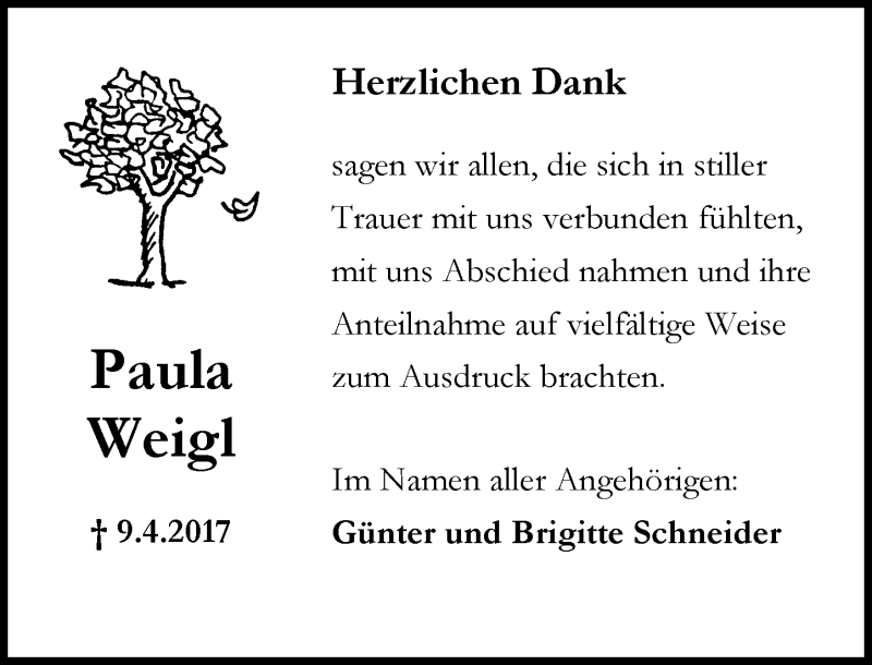  Traueranzeige für Paula Weigl vom 29.04.2017 aus Trauerportal Rhein Main Presse