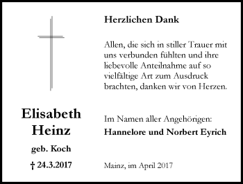 Traueranzeige von Elisabeth Heinz von Trauerportal Rhein Main Presse