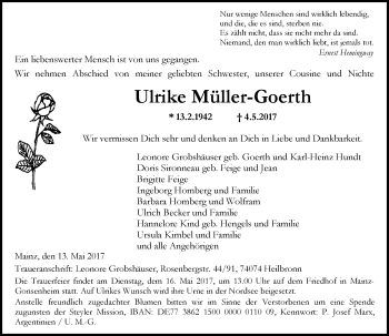 Traueranzeige von Ulrike Goerth-Müller von Trauerportal Rhein Main Presse