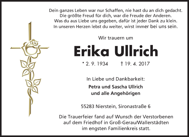  Traueranzeige für Erika Ullrich vom 06.05.2017 aus Trauerportal Echo Online
