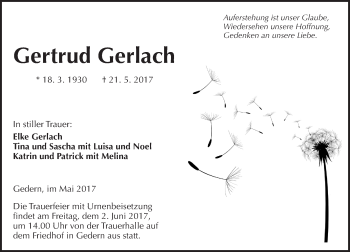 Traueranzeige von Gertrud Gerlach von  Kreisanzeiger