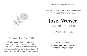 Traueranzeige von Josef Weiser von  Kreisanzeiger