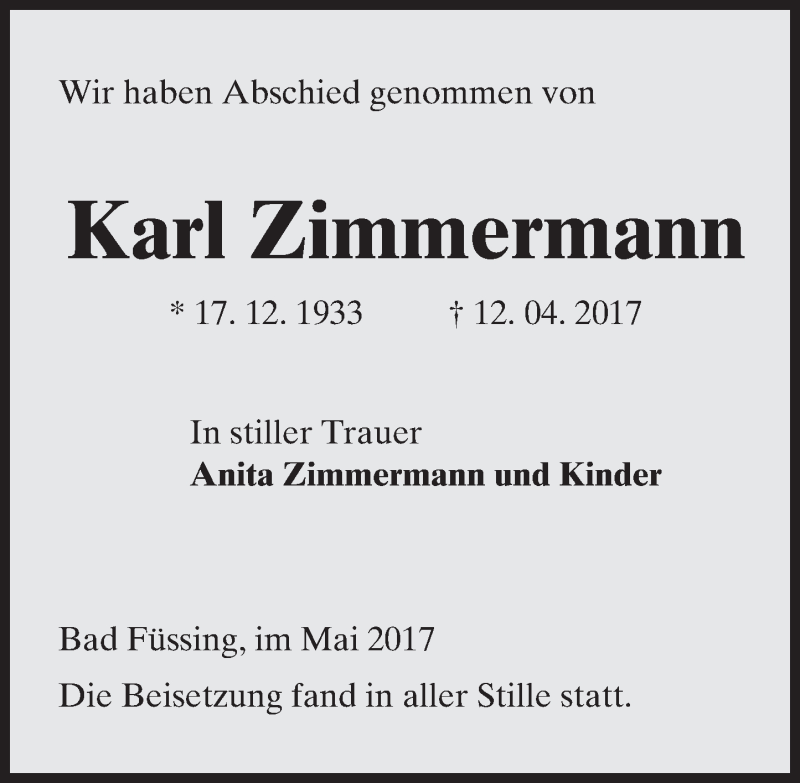  Traueranzeige für Karl Zimmermann vom 04.05.2017 aus Trauerportal Rhein Main Presse