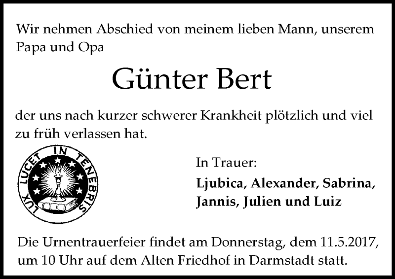  Traueranzeige für Günter Bert vom 06.05.2017 aus Trauerportal Echo Online