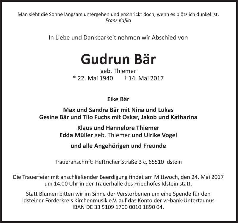  Traueranzeige für Gudrun Bär vom 20.05.2017 aus Trauerportal Rhein Main Presse