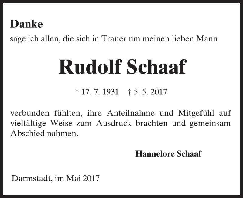 Traueranzeige für Rudolf Schaaf vom 27.05.2017 aus Trauerportal Echo Online