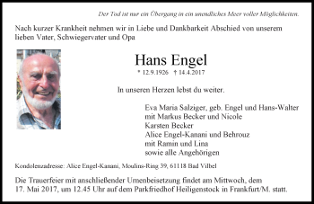 Traueranzeige von Hans Engel von Trauerportal Rhein Main Presse