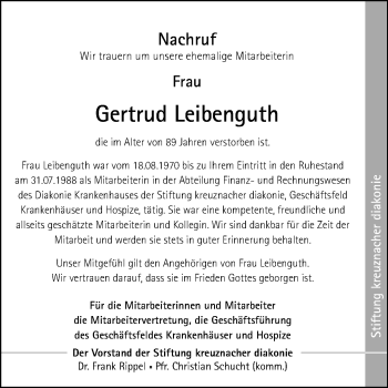 Traueranzeige von Gertrud Leibenguth von Trauerportal Rhein Main Presse