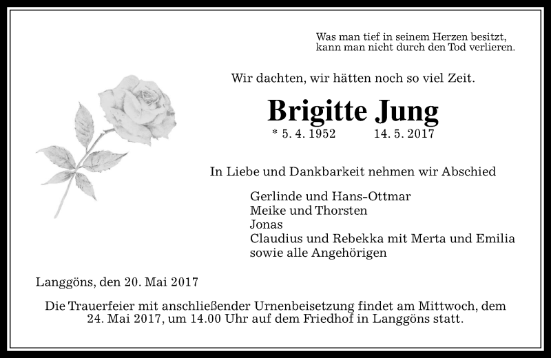  Traueranzeige für Brigitte Jung vom 20.05.2017 aus  Gießener Anzeiger