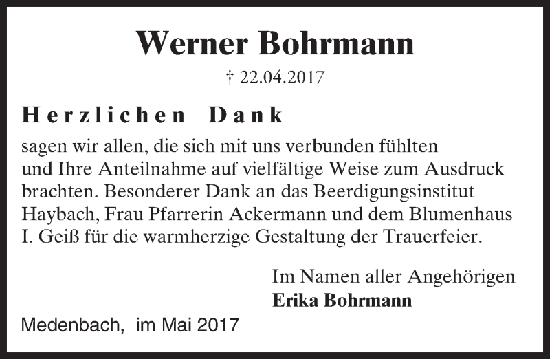  Traueranzeige für Werner Bohrmann vom 10.05.2017 aus Trauerportal Rhein Main Presse