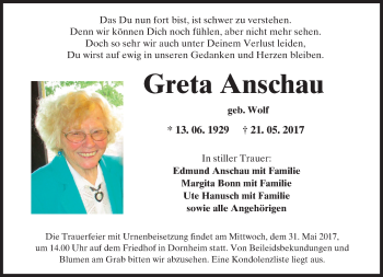 Traueranzeige von Greta Anschau von Trauerportal Rhein Main Presse