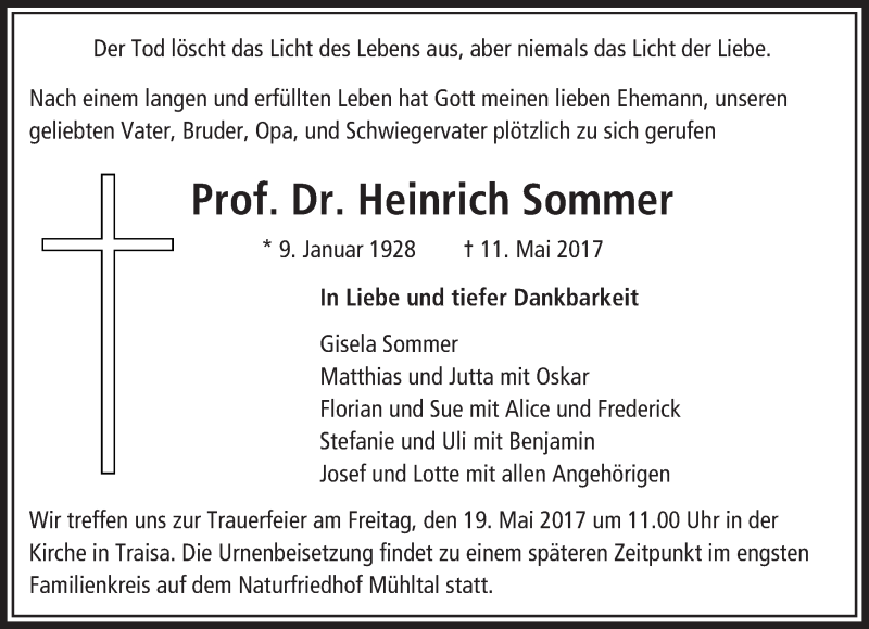  Traueranzeige für Heinrich Sommer vom 16.05.2017 aus Trauerportal Echo Online