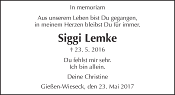 Traueranzeige von Siggi Lemke von  Gießener Anzeiger