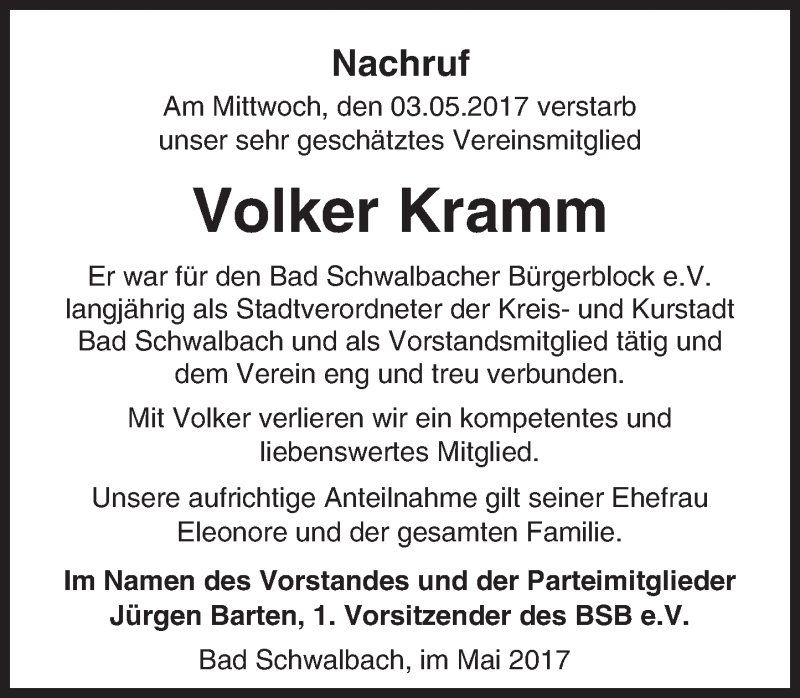  Traueranzeige für Volker Kramm vom 11.05.2017 aus Trauerportal Rhein Main Presse