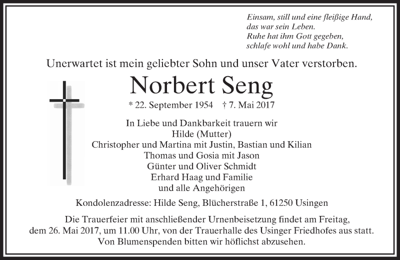  Traueranzeige für Norbert Seng vom 18.05.2017 aus  Usinger Anzeiger