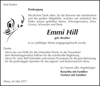 Traueranzeige von Emmi Hill von Trauerportal Rhein Main Presse