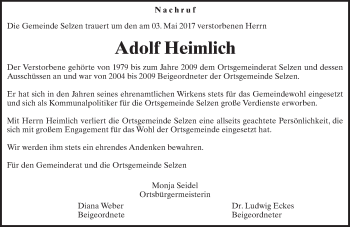 Traueranzeige von Adolf Heimlich von Trauerportal Rhein Main Presse