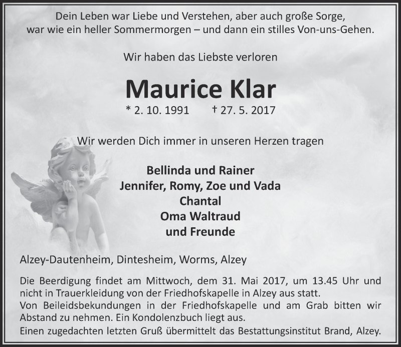  Traueranzeige für Maurice Klar vom 30.05.2017 aus Trauerportal Rhein Main Presse