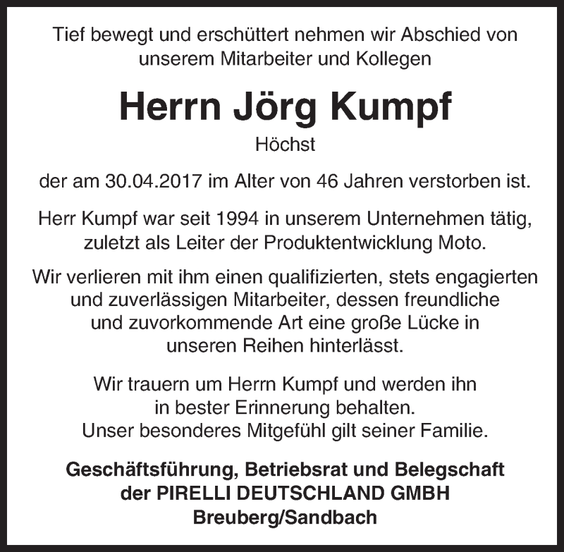  Traueranzeige für Jörg Kumpf vom 06.05.2017 aus Trauerportal Echo Online