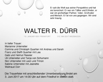 Traueranzeige von Walter R. Dürr von Trauerportal Rhein Main Presse