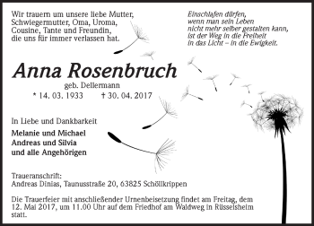 Traueranzeige von Anna Rosenbruch von Trauerportal Rhein Main Presse