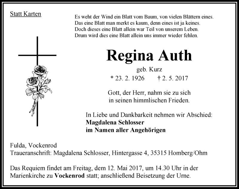  Traueranzeige für Regina Auth vom 09.05.2017 aus VRM Trauer