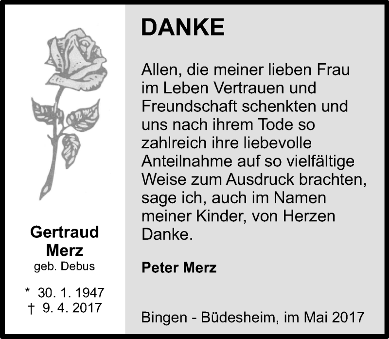  Traueranzeige für Gertraud Merz vom 13.05.2017 aus Trauerportal Rhein Main Presse