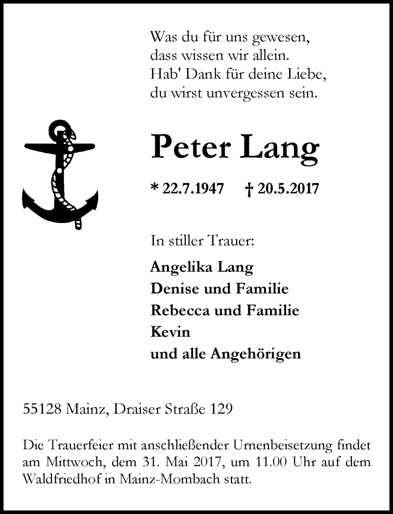  Traueranzeige für Peter Lang vom 27.05.2017 aus Trauerportal Rhein Main Presse