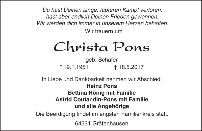  Traueranzeige für Christa Pons vom 24.05.2017 aus Trauerportal Echo Online
