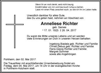 Traueranzeige von Anneliese Richter von  Gießener Anzeiger