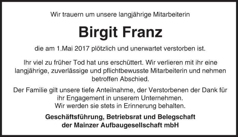  Traueranzeige für Birgit Franz vom 06.05.2017 aus Trauerportal Rhein Main Presse