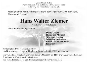 Traueranzeige von Hans Walter Ziemer von Trauerportal Rhein Main Presse