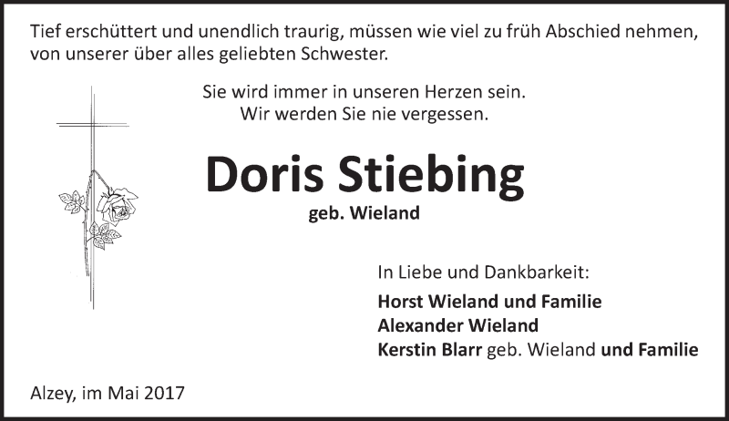  Traueranzeige für Doris Stiebing vom 30.05.2017 aus Trauerportal Rhein Main Presse