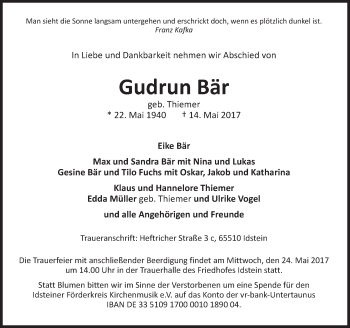 Traueranzeige von Gudrun Bär von Trauerportal Rhein Main Presse